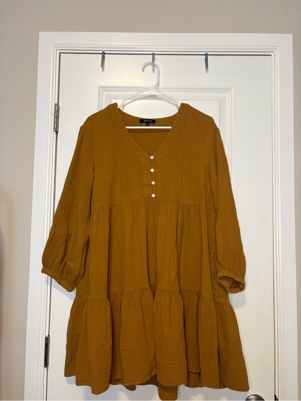 Madewell Mustard Tiered V-Neck Button Dress
